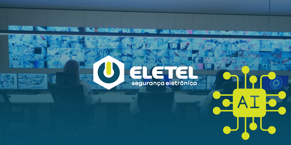 Central de monitoramento com múltiplas telas exibindo imagens de câmeras de segurança integradas à inteligência artificial (IA).