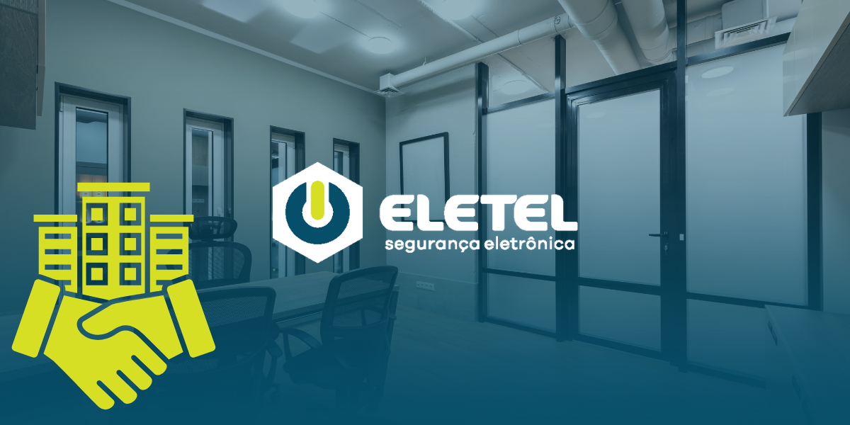 Sala comercial moderna com logo da Eletel Segurança Eletrônica e ícone de parceria entre empresas e edifícios corporativos.