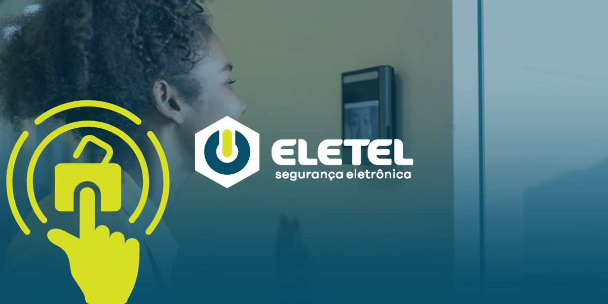 Mulher utilizando um sistema de controle de acesso biométrico facial, representando a modernização dos sistemas de segurança empresarial.