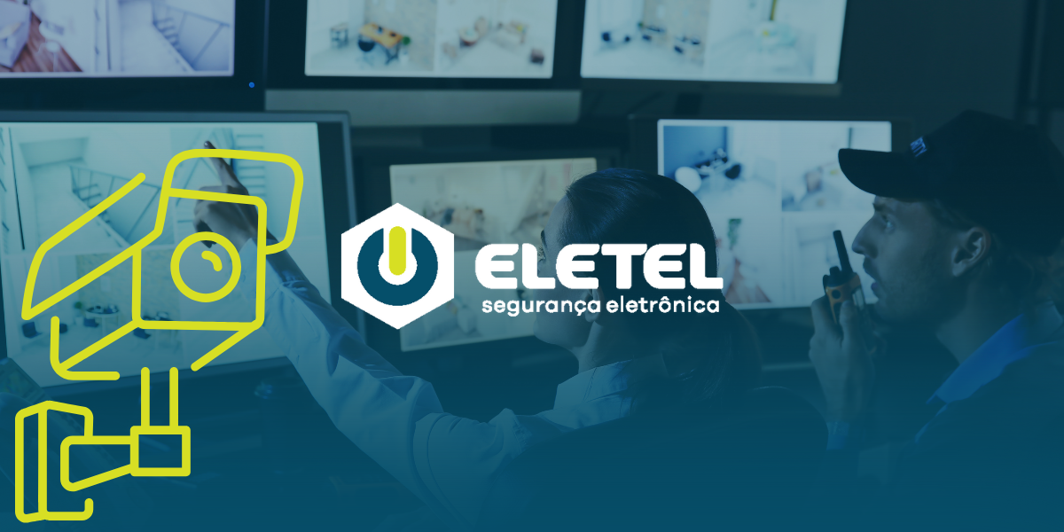 Imagem com logo Eletel Segurança Eletrônica, fundo azul, e sirene amarela e vermelha, simbolizando o tema Alarmes Falsos Segurança Eletrônica.