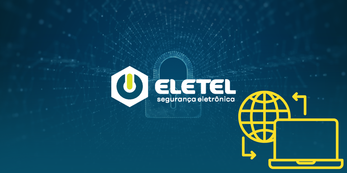 Imagem com logo da Eletel Segurança Eletrônica, fundo azul e destaque para cerca de proteção perimetral e rede laminada.