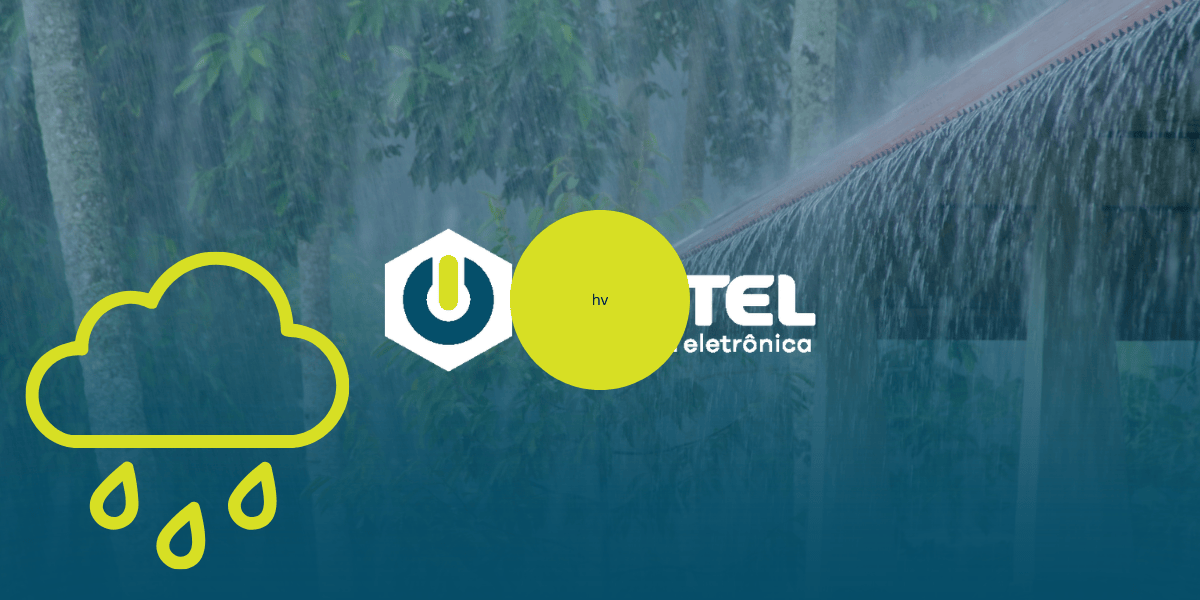 Imagem de chuva forte caindo sobre um telhado e vegetação ao fundo, com o logotipo da Eletel e um ícone amarelo de nuvem com gotas de chuva.