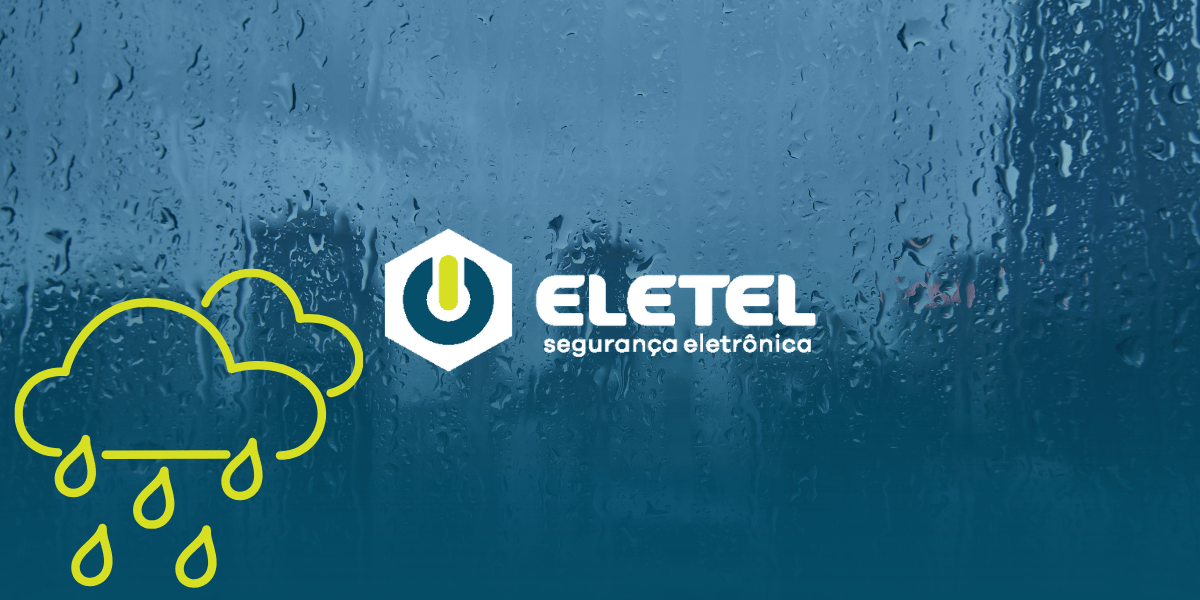 magem de chuva forte caindo sobre um telhado e vegetação ao fundo, com o logotipo da Eletel e um ícone amarelo de nuvem com gotas de chuva.