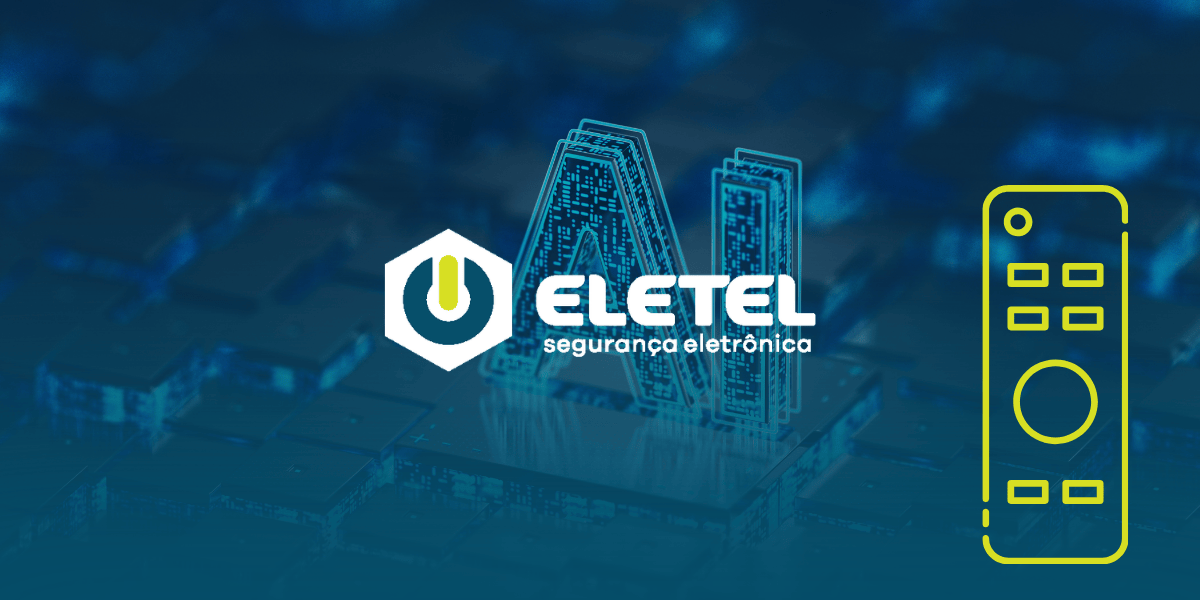 Logotipo da Eletel sobre fundo tecnológico azul com circuitos, apresentando um ícone amarelo de controle remoto à direita e letras "AI" ao fundo.
