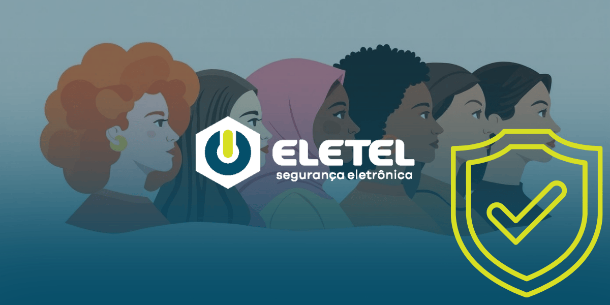 Ilustração de perfis de mulheres diversas com o logotipo da Eletel centralizado e um ícone de escudo com check em amarelo.