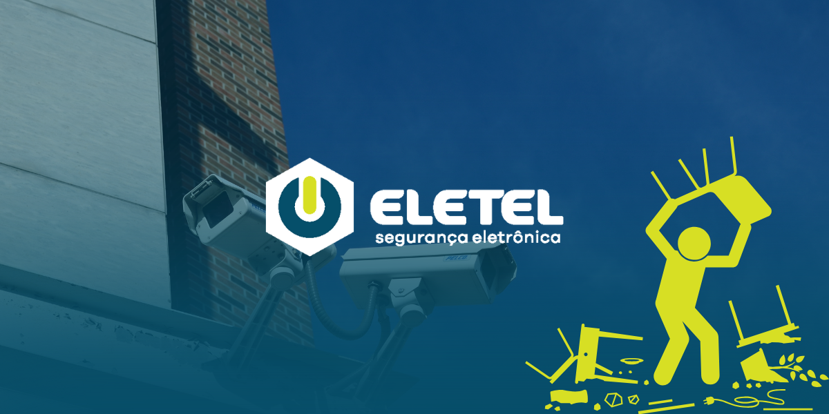 Câmeras de segurança instaladas em fachada de prédio com o logotipo da Eletel Segurança Eletrônica e ícone de figura vandalizando mobiliário ao fundo.